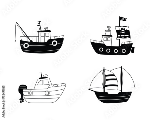 Collection of four hand drawn black and white illustrations of different types of boats and ships on a white background