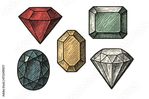 Diverse collection of precious faceted gemstones in various shapes and vibrant colors with an antique engraved aesthetic