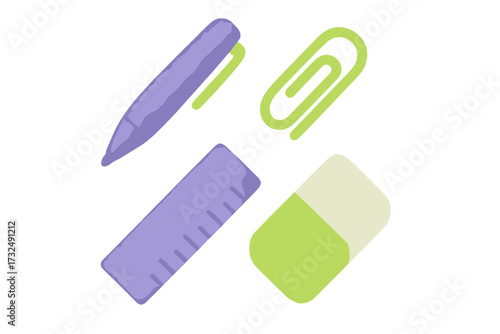 Essential school and office supplies set featuring a pen, paperclip, ruler, and eraser with textured paper effect