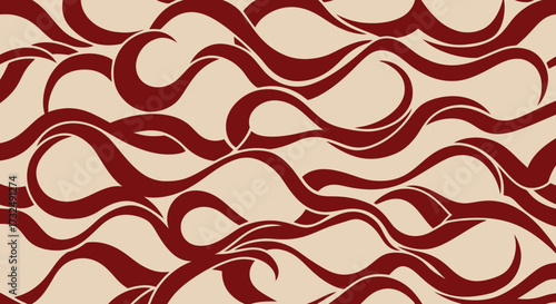 Wavy pattern of maroon ribbons on beige
