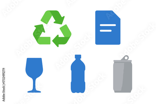 Recycling symbol with various waste materials including paper document, wine glass, plastic bottle, and aluminum can