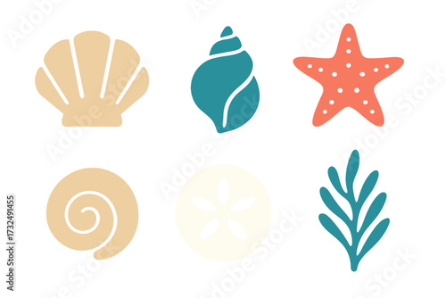 Collection of stylized marine life elements including various seashells, a starfish, a sand dollar, and aquatic plant