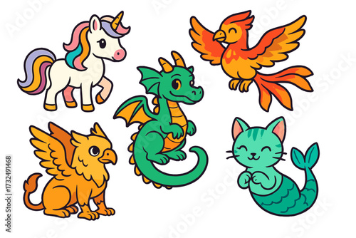 Mythical fantasy creatures including a unicorn, dragon, phoenix, griffin, and mermaid cat character designs