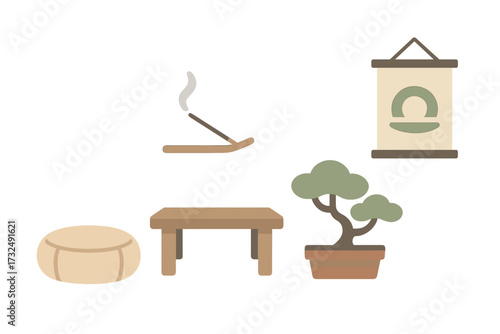 Zen meditation and relaxation elements with burning incense stick, bonsai tree, floor cushion, and hanging scroll