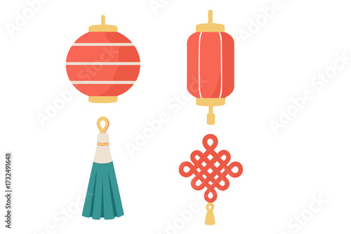 Traditional Chinese New Year decorations featuring red lanterns, a decorative knot, and a tassel for festive celebrations