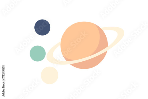 Vibrant abstract cosmic arrangement featuring a prominent ringed planet and several accompanying smaller planetary bodies