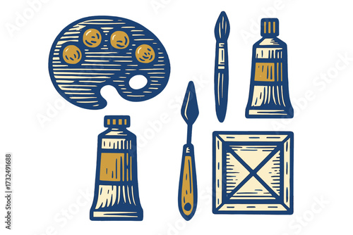 Collection of art materials including a painter's palette, paint tubes, brush, palette knife, and canvas frame