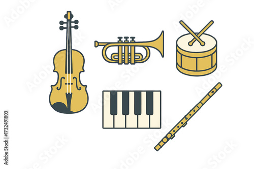 Assortment of musical instruments featuring violin, trumpet, drum, piano keys, and flute on white background