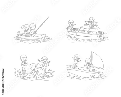 Charming hand drawn black and white illustrations of families enjoying various nautical activities on boats and the shore