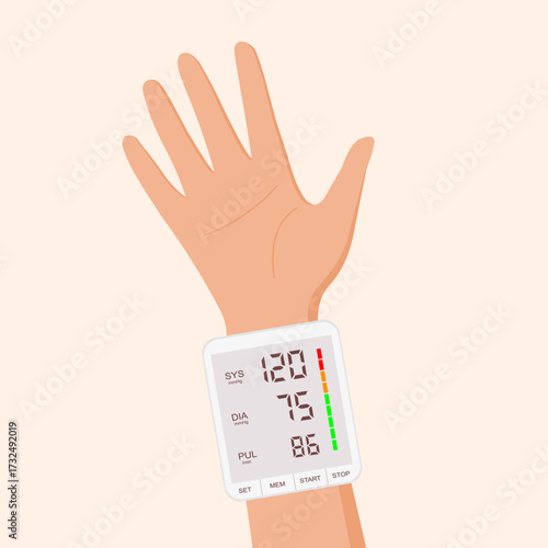 Wrist cuff sphygmomanometer, Electronic arterial blood pressure monitor. Medical equipment on hand for diagnose hypertension, heart disease. Vector illustration