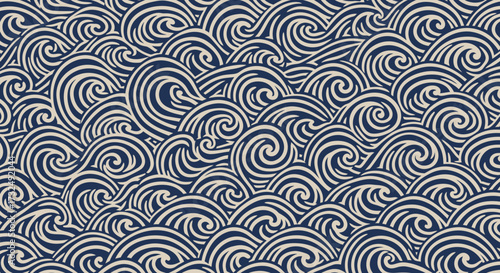 Blue and beige wave pattern seamless curves flow across the frame