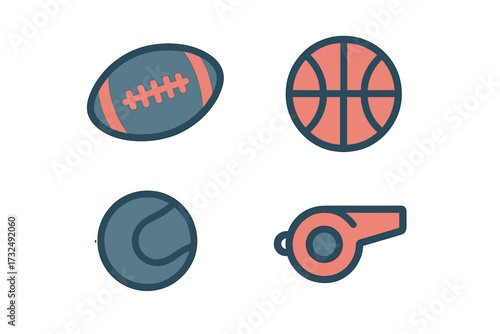 Collection of sports equipment icons including football, basketball, tennis ball, and whistle in flat design style