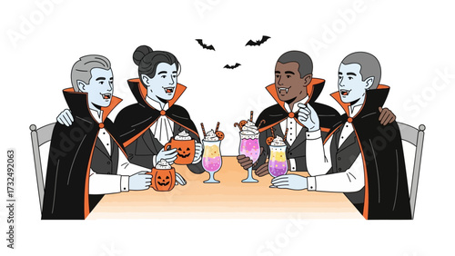 Halloween Vampire Gathering: A captivating illustration depicts a festive scene of vampires enjoying colorful drinks and treats during Halloween, featuring a joyful group dressed in classic attire.