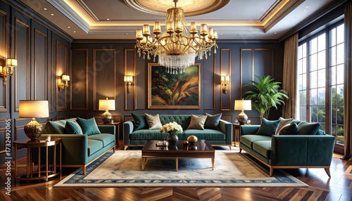 1920s art deco inspired living room, rich jewel tones, gold accents, grand chandelier, moody cinematic lighting