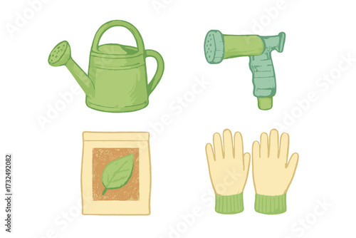 Collection of essential gardening tools and supplies including watering can, hose nozzle, seed packet, and protective gloves