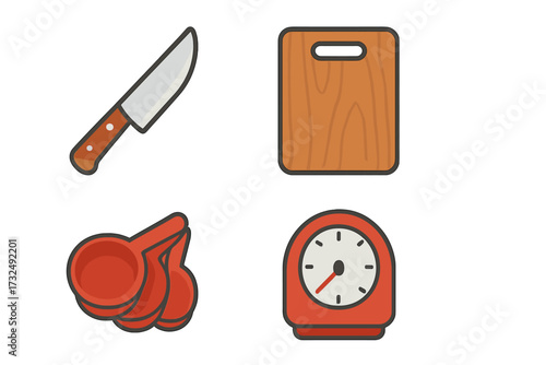 Essential kitchen tools and cooking utensils set including knife cutting board measuring spoons and timer