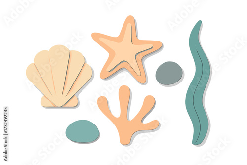 Abstract marine life collection featuring seashell, starfish, coral, and seaweed in a modern paper cut style