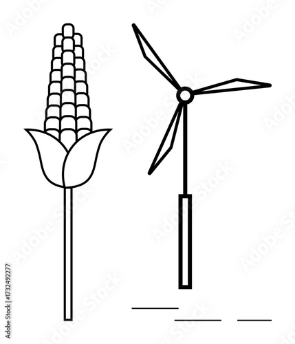 Corn stalk and wind turbine symbolize agriculture and energy innovation. Ideal for sustainability, renewable energy, eco-farming, green technology, energy efficiency, agritech, and environmental