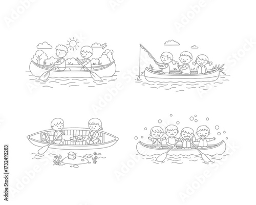 Four hand drawn line art illustrations depicting diverse groups of people enjoying rafting adventures on water