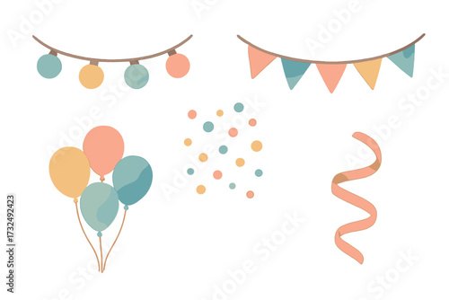 Festive party celebration elements with balloons, string lights, pennant banner, confetti, and streamer
