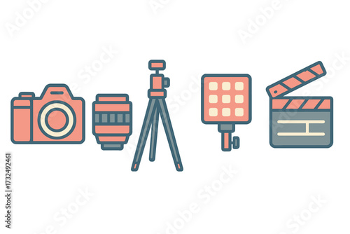 Professional photography and video production equipment set including camera lens tripod studio light and clapperboard