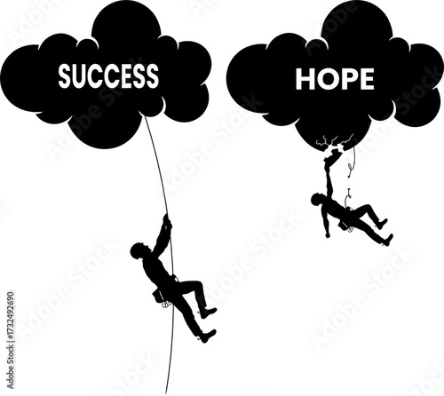 The reality check: One climber steadily ascends toward Success, while another falls from a storm cloud of Hope, illustrating that ambition often meets unexpected failure, rejection, or misfortune.