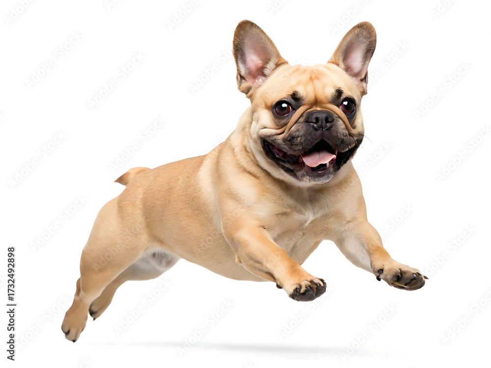 Fototapeta premium A fawn french bulldog mid air with its tongue out and ears perked up on a white background in studio shot