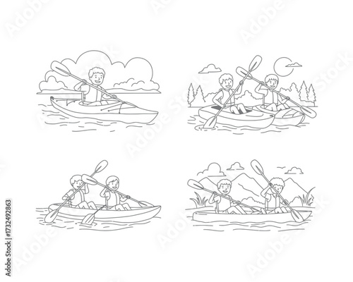 Four hand drawn line art illustrations depicting kayakers paddling in various natural scenic water environments