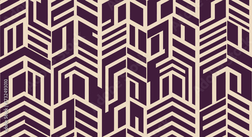 Art deco pattern of geometric shapes with a beige and dark purple color scheme