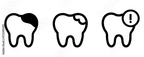 Dental health icons showing decay and warning signs. tooth icons set
