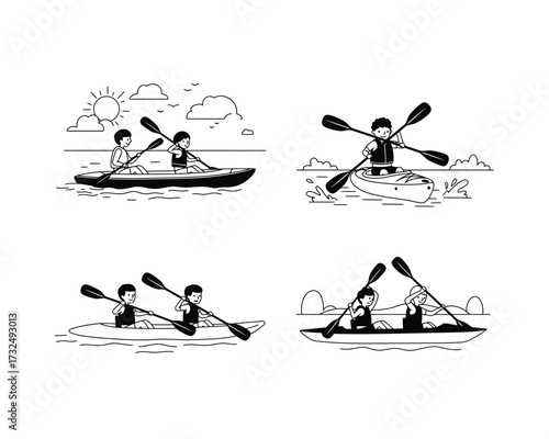 Four vintage style black and white illustrations depicting two people kayaking together in different water scenarios