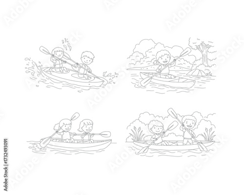 Four charming hand drawn line art illustrations depicting children enjoying a summer day rowing a small boat on a calm lake surrounded by trees and gentle water ripples