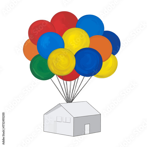Colorful Balloons Lifting a House - A Whimsical Illustration.