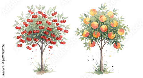 Watercolor painting of two fruit trees with delicious fruits.