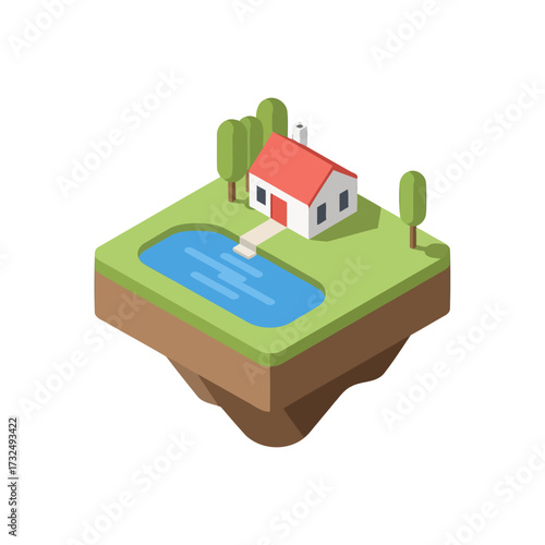 Isometric view of a charming house on a floating island with a pond.