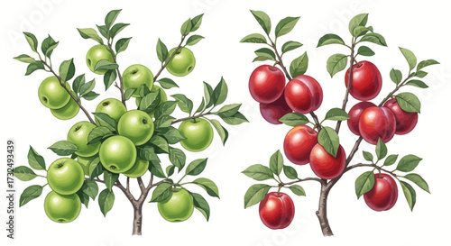 Two Fruit-laden Tree Branches of Apples and Plums.