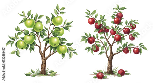 Two flourishing apple trees laden with ripe fruit.