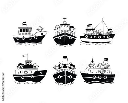Collection of six charming hand drawn black and white illustrations of various cartoon ships and boats with people on deck