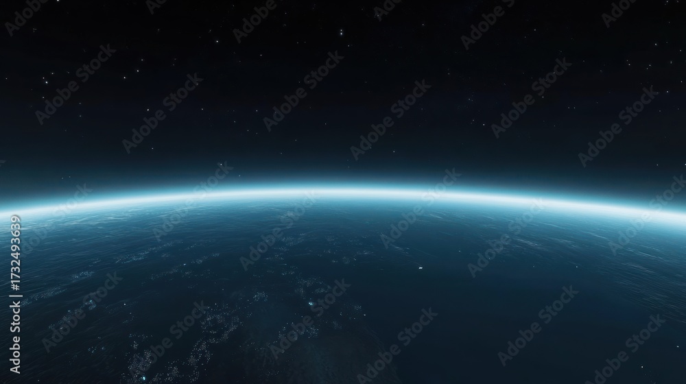 Obraz premium Earth from space blue planet in night sky with illuminated atmosphere