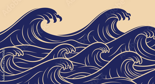 Blue stylized waves with beige outline, repeating pattern