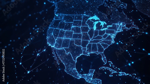 Digital map of north america highlighting data connections