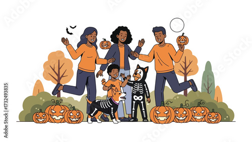 Halloween Gathering: A festive and joyous family scene with smiling pumpkins, whimsical characters, and the heartwarming spirit of Halloween. 