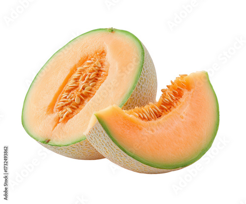 Fresh cantaloupe melon sliced in half and a wedge, showing the vibrant orange flesh and seeds, isolated on transparent background