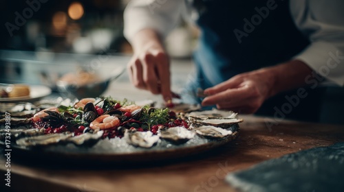Medium shot of a chef arranging a raw seafood platter with fresh oysters clams and shrimp focusing on the vibrant textures and colors.