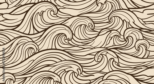 Creamy background with dynamic brown line art of stylized waves with curls and movement