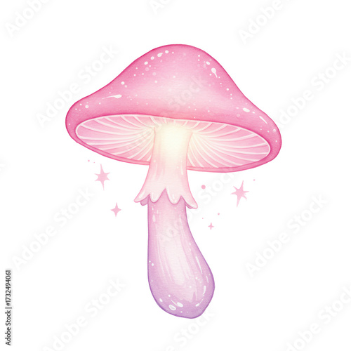 Glowing pink mushroom with watercolor stars illustration isolated on white background
