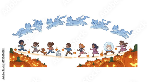 Halloween Cartoon Scene: In this vibrant and whimsical illustration, a line of cheerful children, along with a procession of ghostly cats float gracefully against a backdrop of grinning pumpkins.  