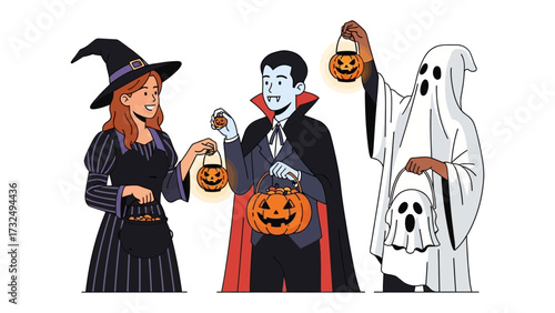 Spooky Gathering: A trio of figures in Halloween costumes, including a witch, vampire, and ghost, gather, and share festive treats in a celebratory mood.