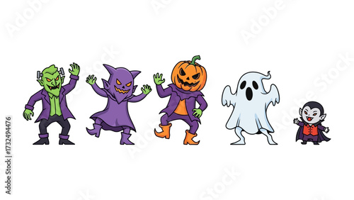 Spooky Crew on Parade: A whimsical illustration featuring a lively procession of classic Halloween creatures including a vampire, a ghoul, a pumpkin-headed figure, a spooky ghost.