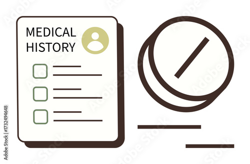 Medical history form with checklist and large tablet image. Ideal for healthcare, medical records, patient care, prescriptions, pharmaceuticals, health documentation, preventive care. Simple flat